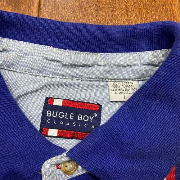 Bugle Boy Vintage 90s Blue White Red USA Striped Polo Shirt Men's Size Large - Picture 7 of 9